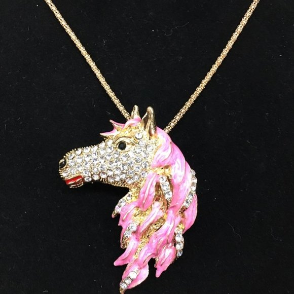 Pink Rhinestone Unicorn Pin and Necklace Combo - NEW Drawer 6 - Picture 4 of 5